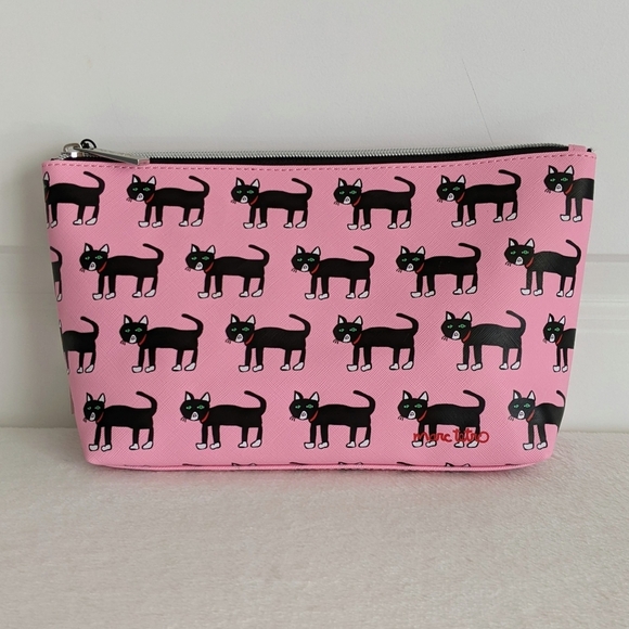 marc tetro Black Cat Print Large Cosmetic Case Pouch PVC Saffiano Pink NWT - Picture 2 of 14